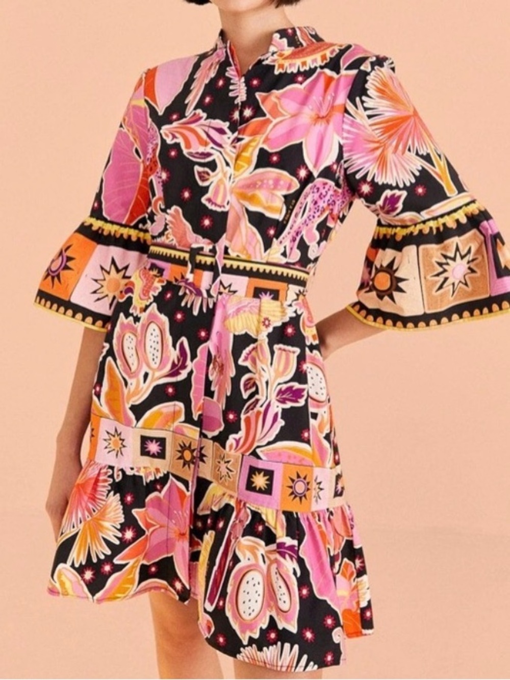 Farm Rio Black Enchanted Nature Floral Mini Belted Dress Resort Size Small - Picture 11 of 11